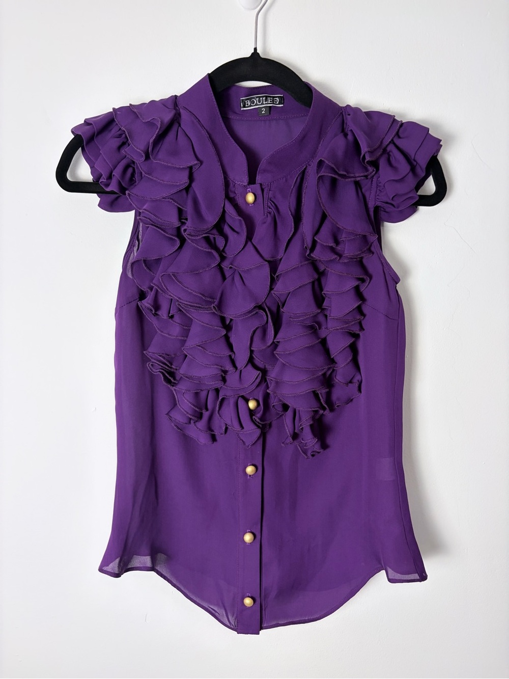 Boulee Purple 100% Silk Ruffle Blouse Gold Buttons Size 2